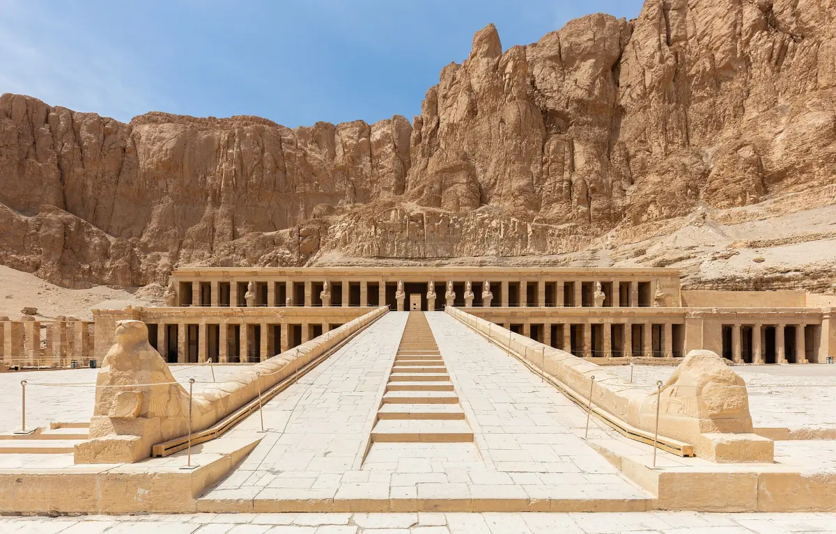 Hatshepsut Temple at Deir el-Bahari with its long ramp below limestone cliffs