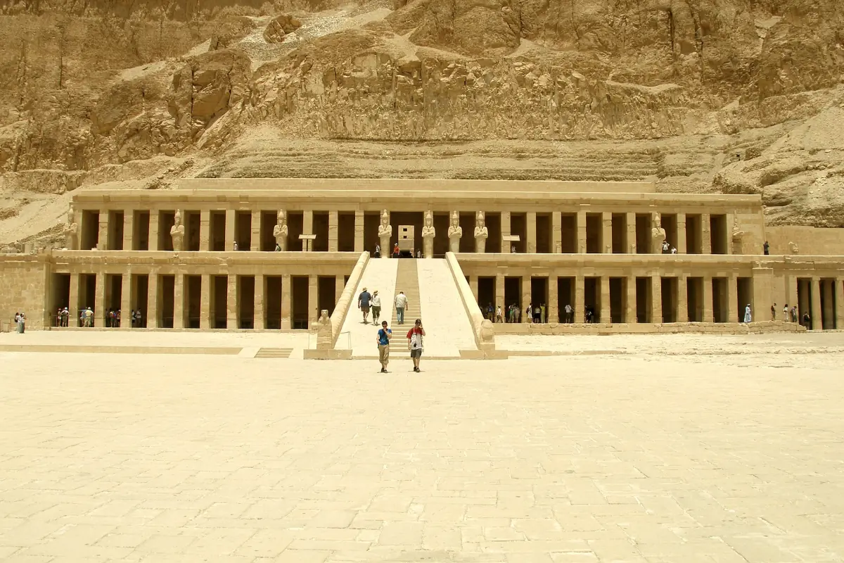 Colonnaded terraces of the Hatshepsut Temple against the pale desert cliff