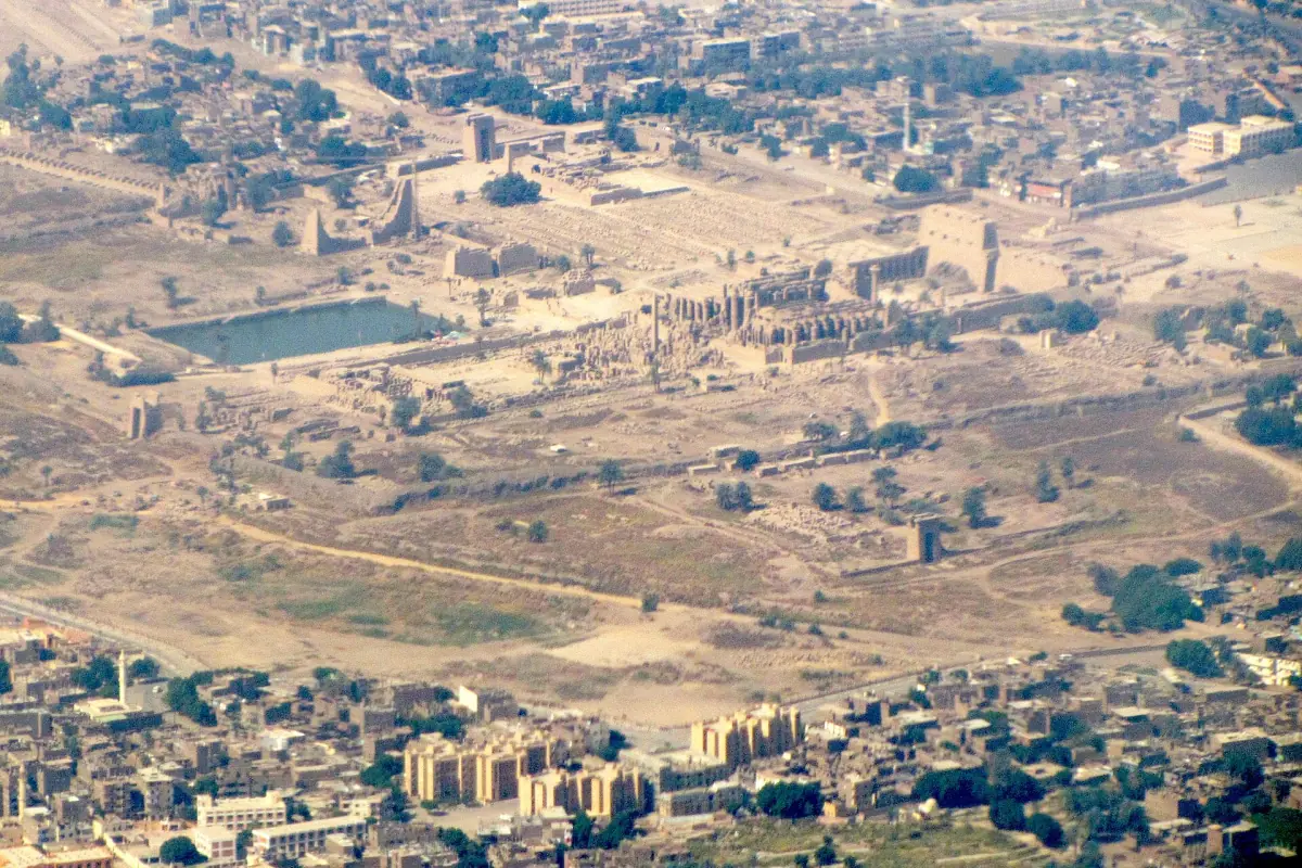 Aerial view of the Karnak temple complex with the Sacred Lake and Luxor