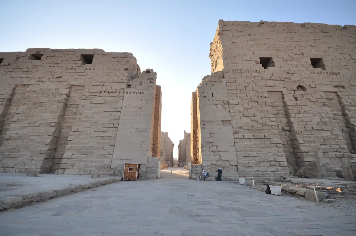 Towering first pylon of Karnak Temple seen from the central gateway