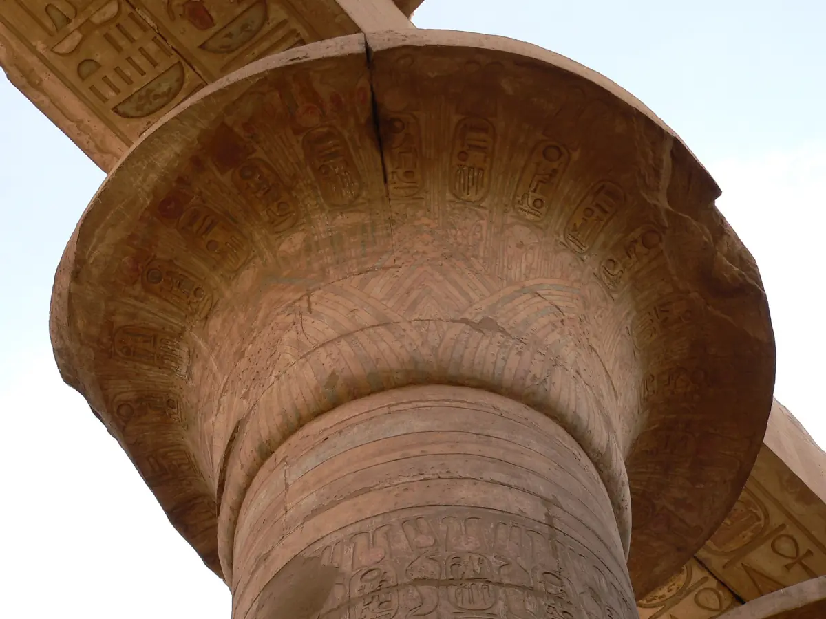 Open papyrus capital of a column in the Karnak Hypostyle Hall seen from below