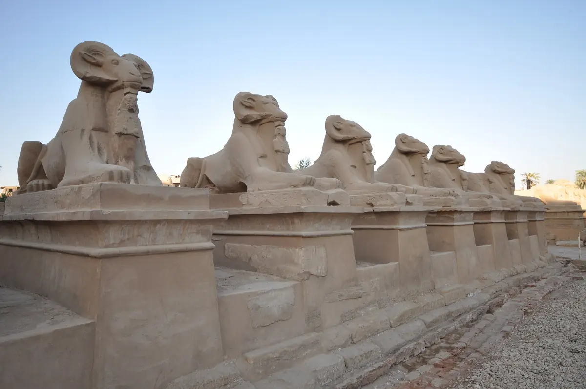 Row of ram sphinxes on stone bases under a clear blue sky
