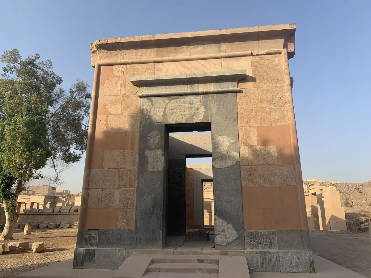 Red Chapel of Hatshepsut with its dark doorway in the Open Air Museum
