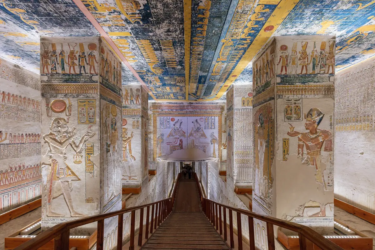 Painted ceiling and pillars inside a royal tomb in the Valley of the Kings